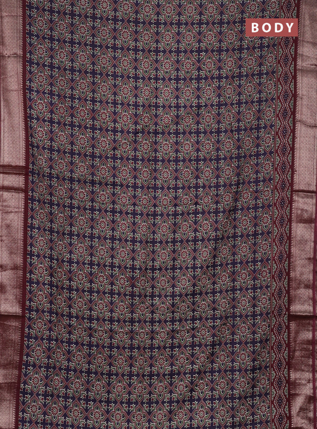 Assam silk saree jamun and wine with allover ajrakh prints and zari woven border