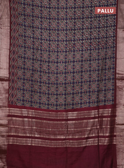 Assam silk saree jamun and wine with allover ajrakh prints and zari woven border