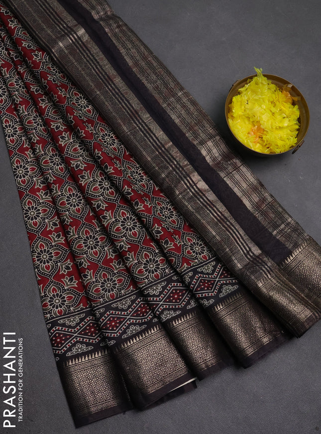 Assam silk saree maroon and dark coffee brown with allover ajrakh prints and zari woven border