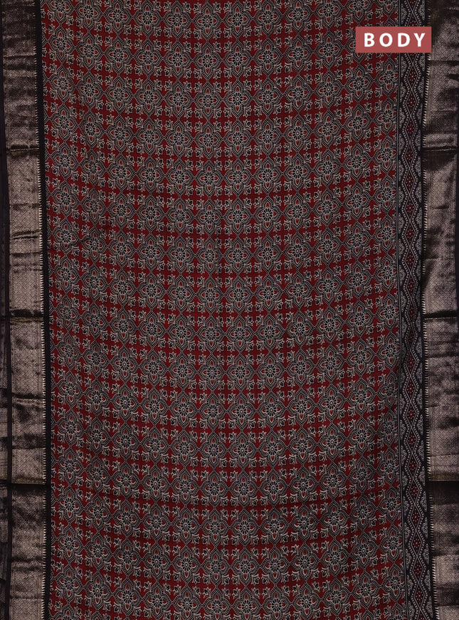 Assam silk saree maroon and dark coffee brown with allover ajrakh prints and zari woven border