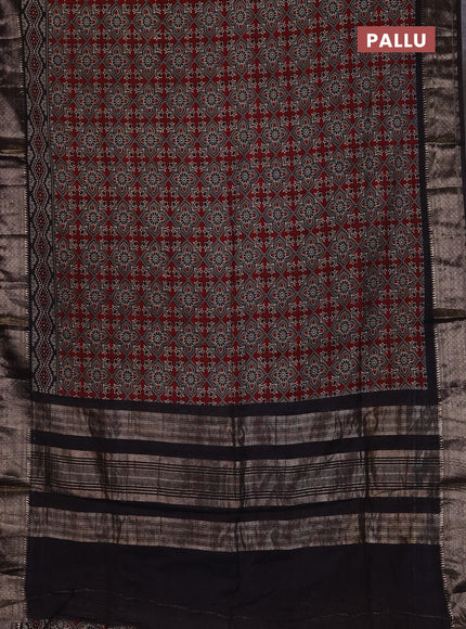 Assam silk saree maroon and dark coffee brown with allover ajrakh prints and zari woven border