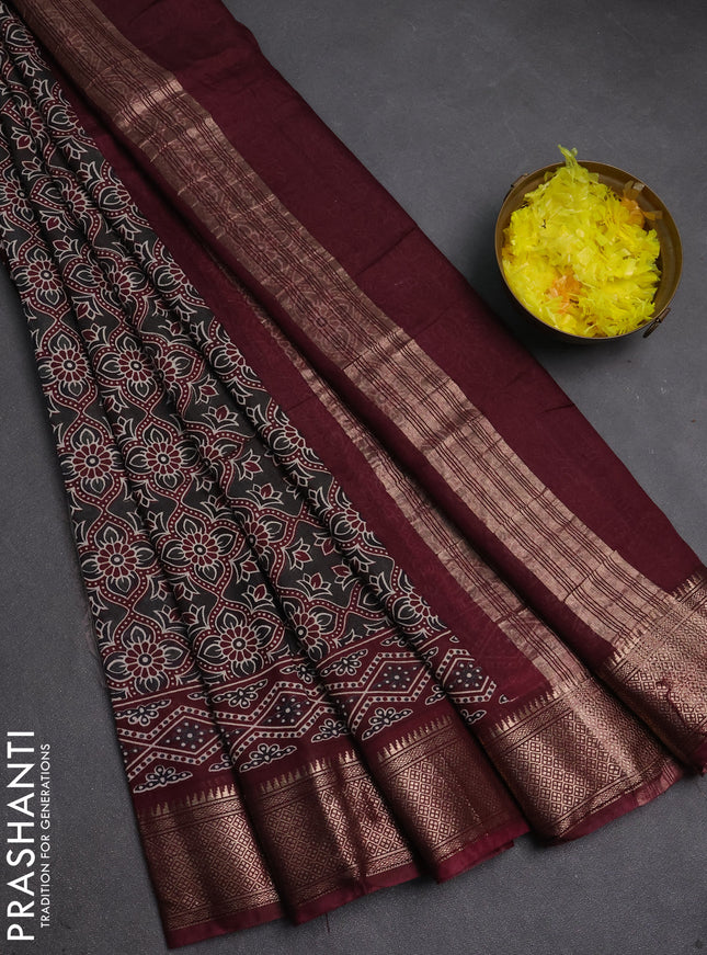Assam silk saree elephant grey and wine with allover ajrakh prints and zari woven border