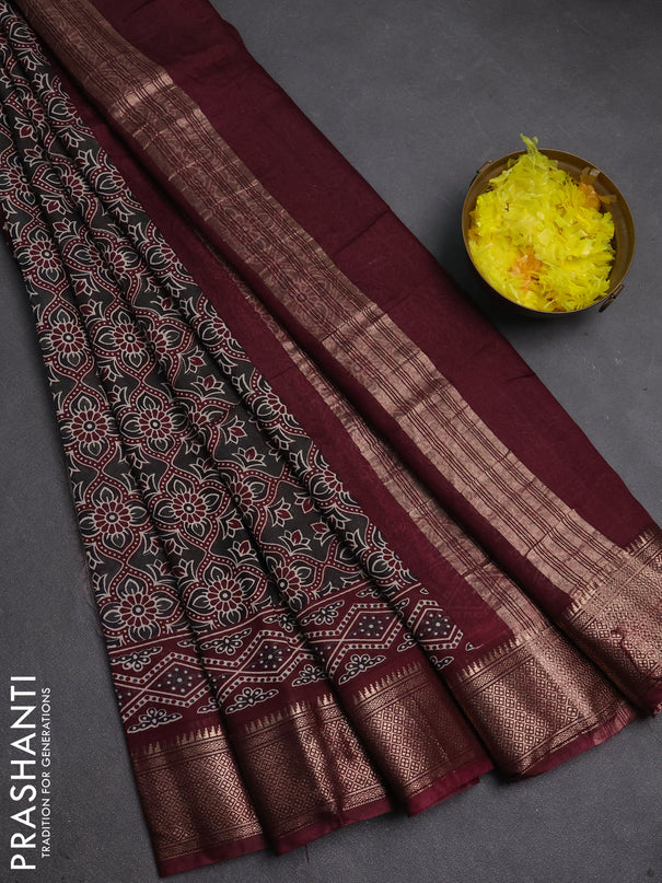Assam silk saree elephant grey and wine with allover ajrakh prints and zari woven border