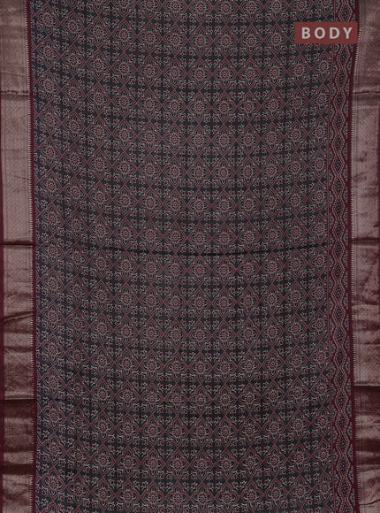 Assam silk saree elephant grey and wine with allover ajrakh prints and zari woven border