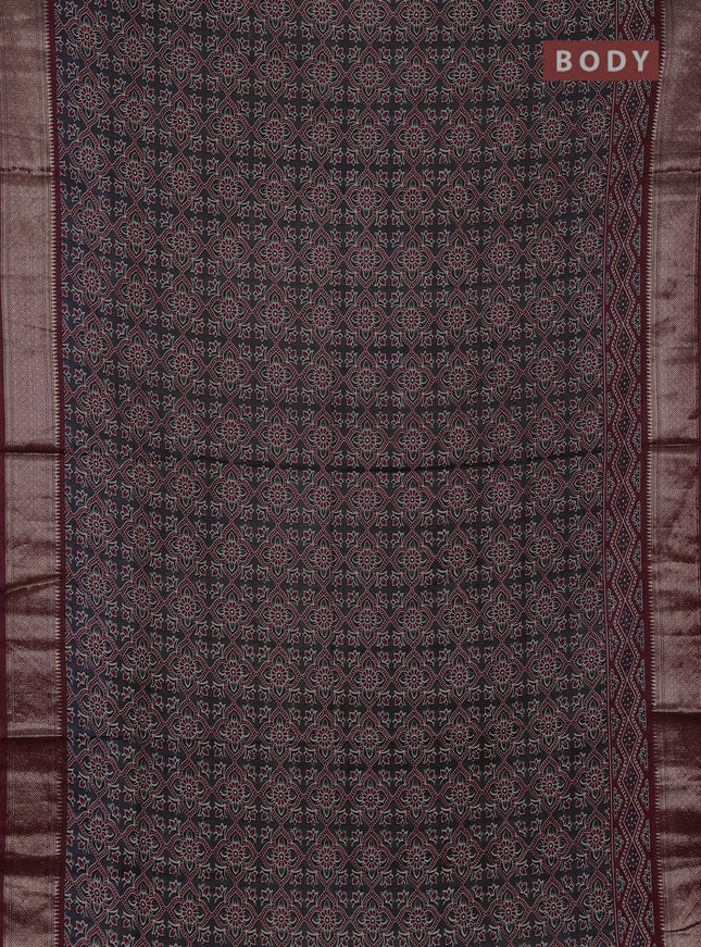 Assam silk saree elephant grey and wine with allover ajrakh prints and zari woven border