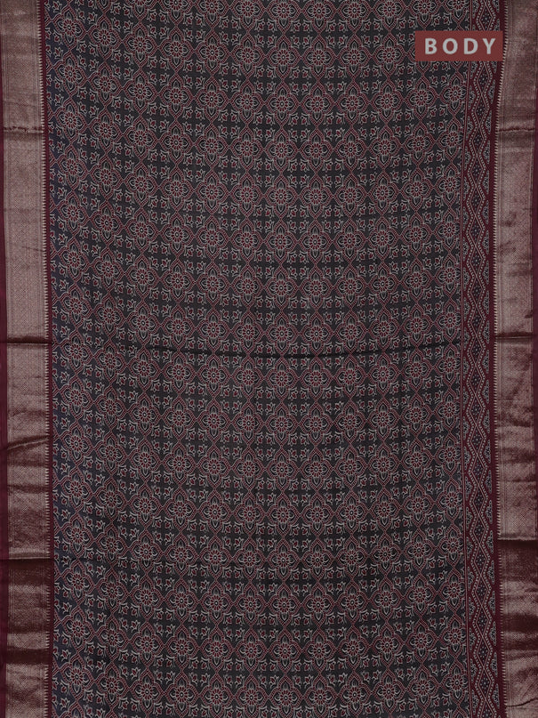 Assam silk saree elephant grey and wine with allover ajrakh prints and zari woven border