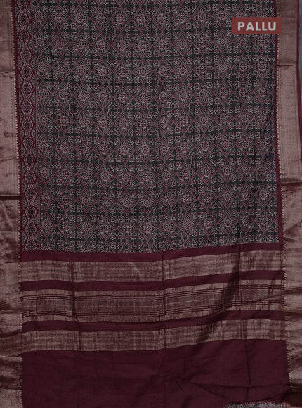 Assam silk saree elephant grey and wine with allover ajrakh prints and zari woven border