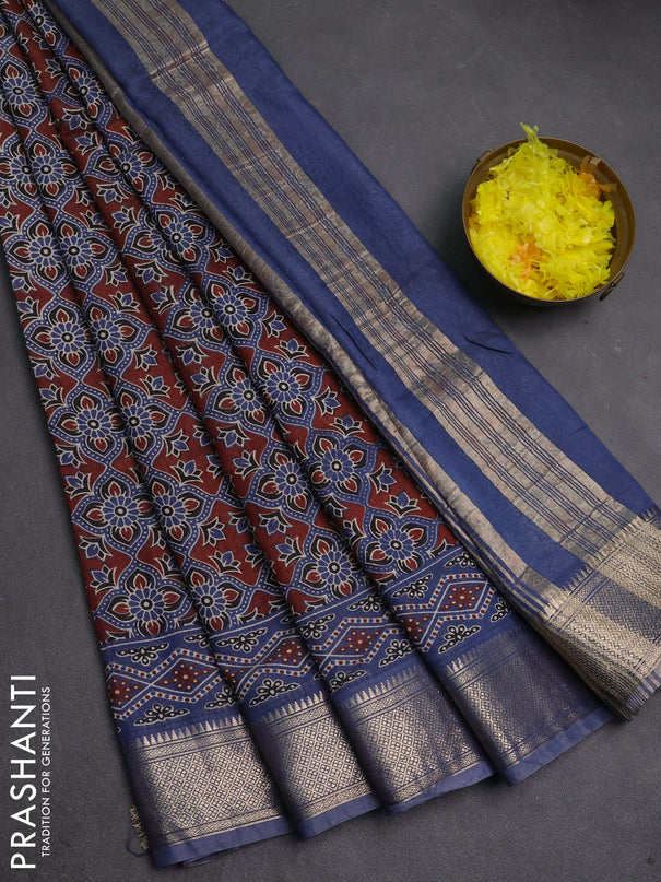 Assam silk saree coffee brown and indigo blue with allover ajrakh prints and zari woven border