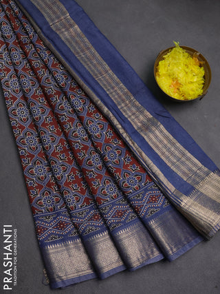 Assam silk saree coffee brown and indigo blue with allover ajrakh prints and zari woven border