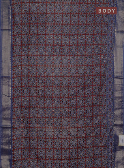 Assam silk saree coffee brown and indigo blue with allover ajrakh prints and zari woven border