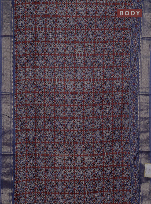Assam silk saree coffee brown and indigo blue with allover ajrakh prints and zari woven border