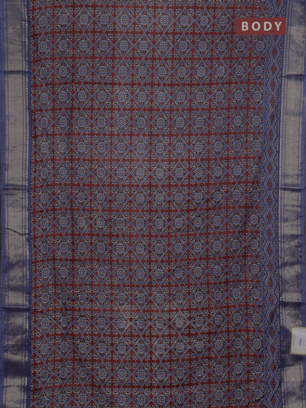 Assam silk saree coffee brown and indigo blue with allover ajrakh prints and zari woven border