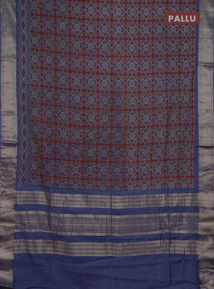 Assam silk saree coffee brown and indigo blue with allover ajrakh prints and zari woven border