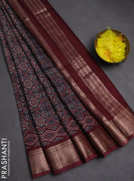 Assam silk saree grey and wine with allover ajrakh prints and zari woven border