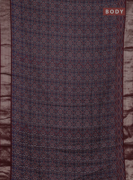 Assam silk saree grey and wine with allover ajrakh prints and zari woven border