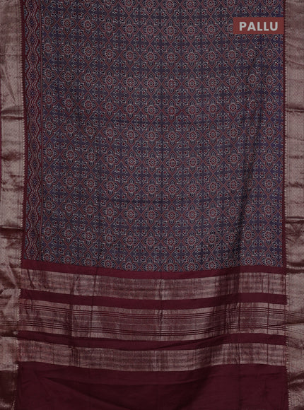 Assam silk saree grey and wine with allover ajrakh prints and zari woven border