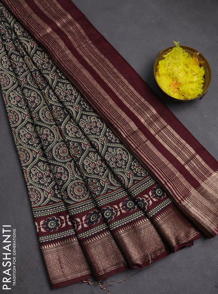 Assam silk saree black and wine with allover ajrakh prints and zari woven border