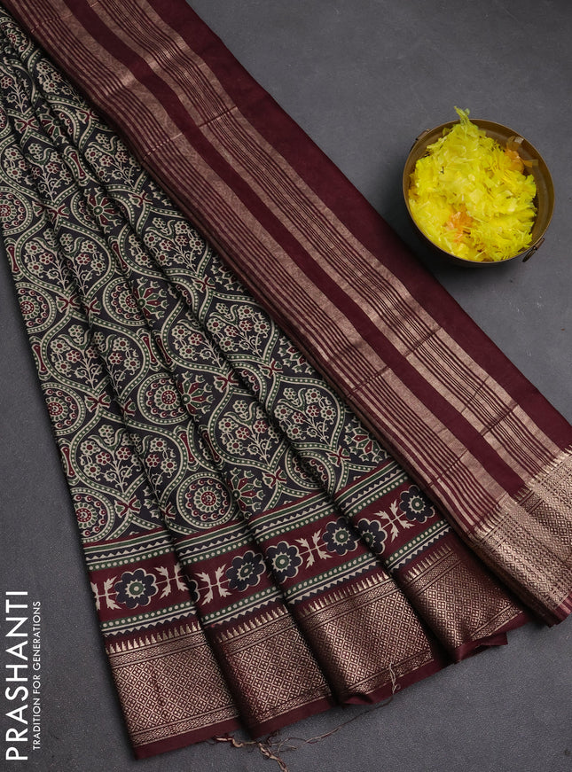 Assam silk saree black and wine with allover ajrakh prints and zari woven border