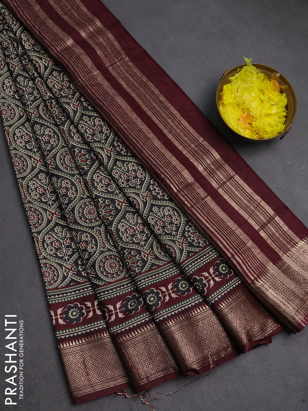 Assam silk saree black and wine with allover ajrakh prints and zari woven border