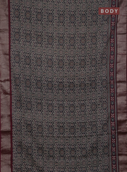 Assam silk saree black and wine with allover ajrakh prints and zari woven border