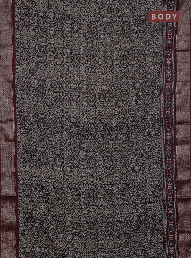 Assam silk saree black and wine with allover ajrakh prints and zari woven border