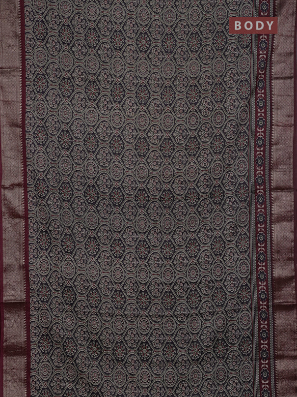 Assam silk saree black and wine with allover ajrakh prints and zari woven border