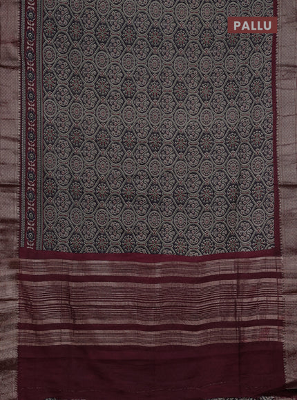 Assam silk saree black and wine with allover ajrakh prints and zari woven border
