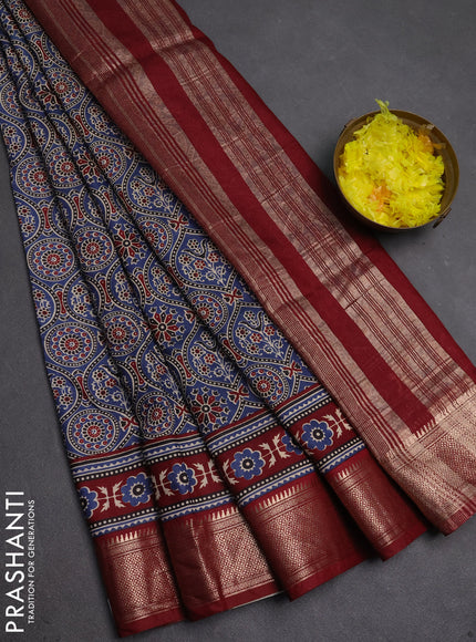 Assam silk saree indigo blue and maroon with allover ajrakh prints and zari woven border