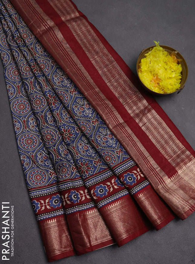 Assam silk saree indigo blue and maroon with allover ajrakh prints and zari woven border