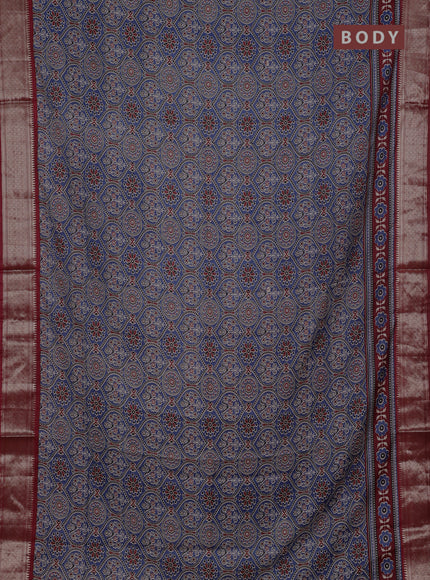 Assam silk saree indigo blue and maroon with allover ajrakh prints and zari woven border