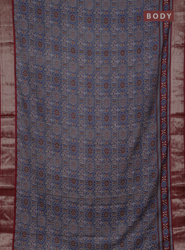 Assam silk saree indigo blue and maroon with allover ajrakh prints and zari woven border