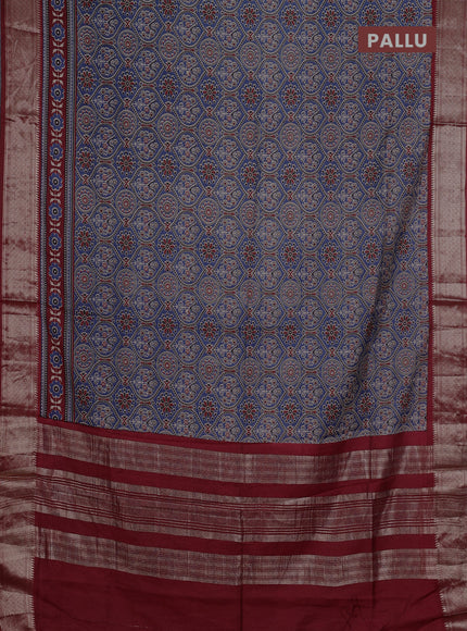 Assam silk saree indigo blue and maroon with allover ajrakh prints and zari woven border