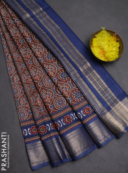 Assam silk saree brown and indigo blue with allover ajrakh prints and zari woven border
