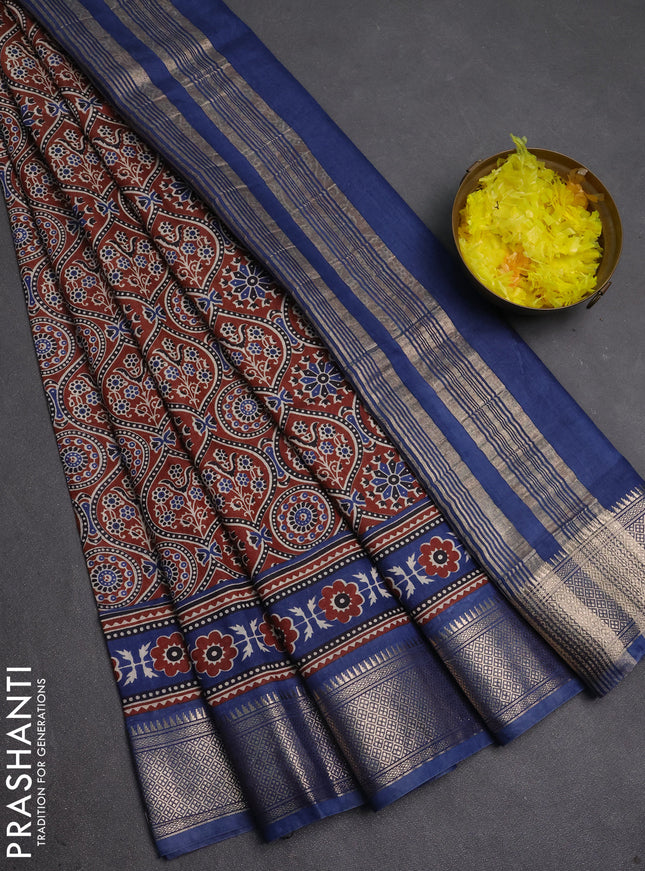Assam silk saree brown and indigo blue with allover ajrakh prints and zari woven border