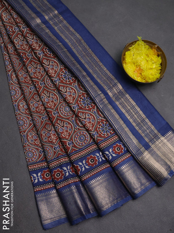 Assam silk saree brown and indigo blue with allover ajrakh prints and zari woven border