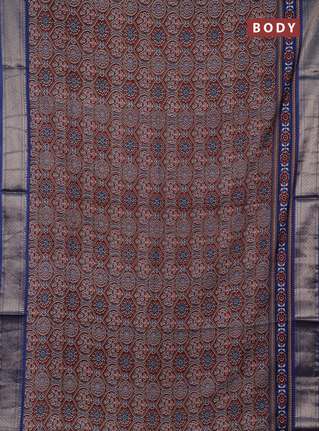 Assam silk saree brown and indigo blue with allover ajrakh prints and zari woven border