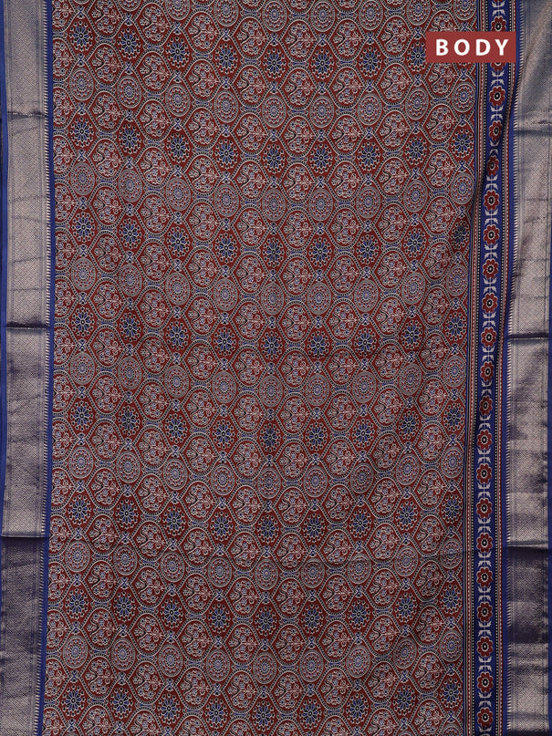 Assam silk saree brown and indigo blue with allover ajrakh prints and zari woven border