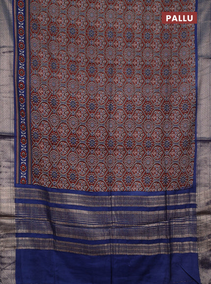 Assam silk saree brown and indigo blue with allover ajrakh prints and zari woven border