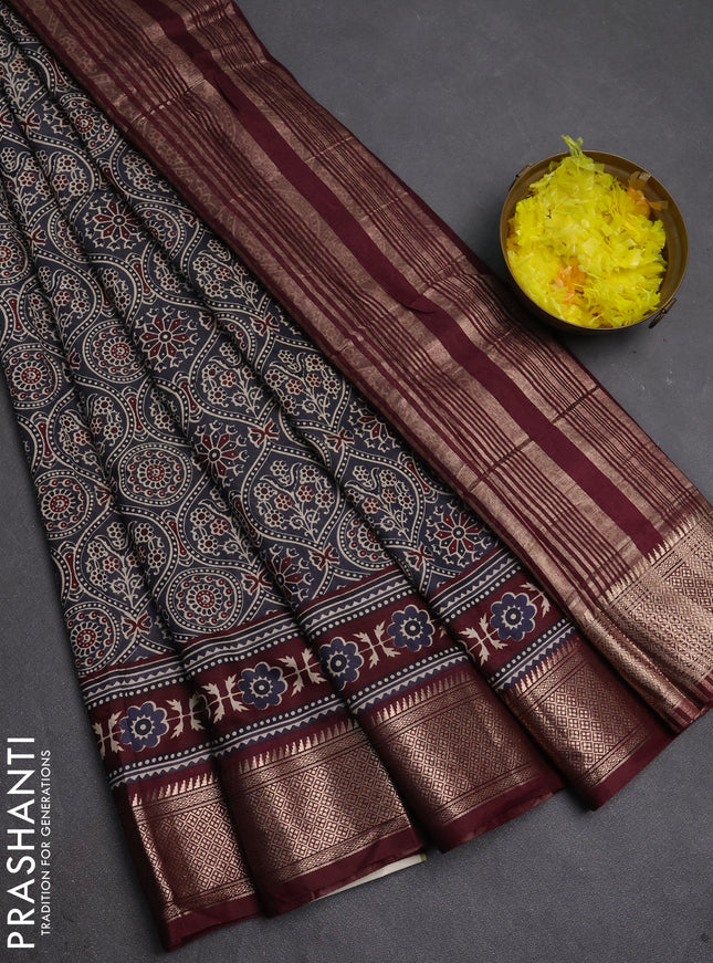 Assam silk saree grey and wine with allover ajrakh prints and zari woven border