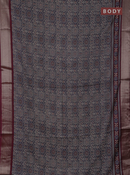 Assam silk saree grey and wine with allover ajrakh prints and zari woven border
