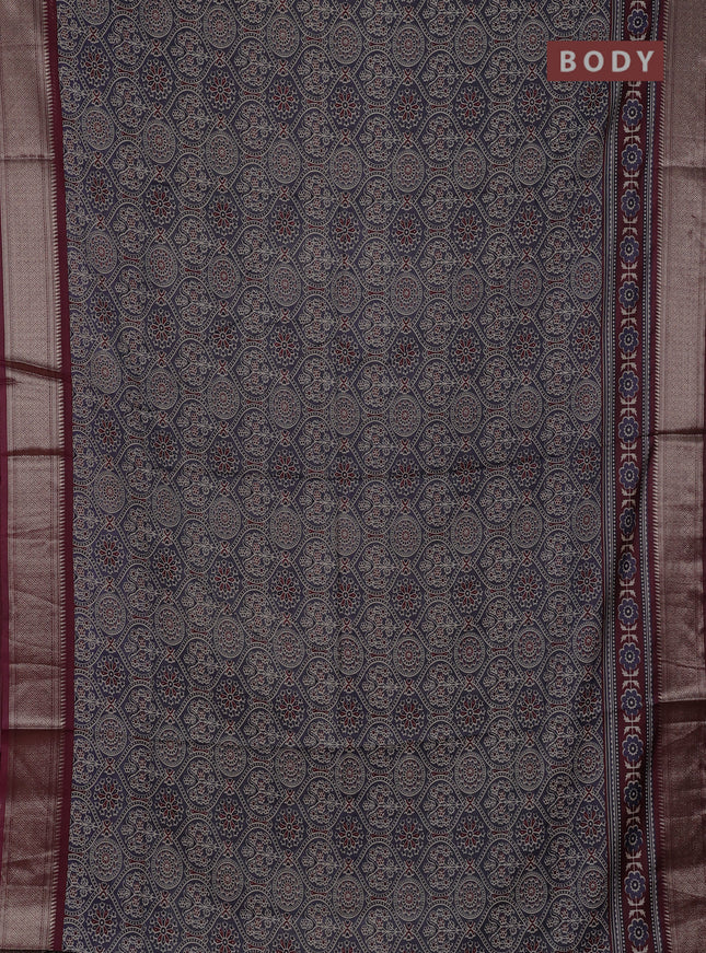 Assam silk saree grey and wine with allover ajrakh prints and zari woven border