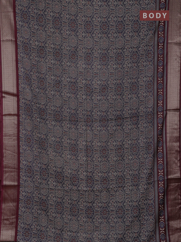 Assam silk saree grey and wine with allover ajrakh prints and zari woven border