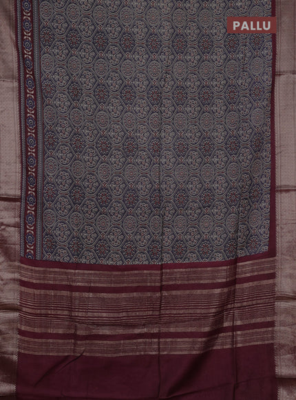 Assam silk saree grey and wine with allover ajrakh prints and zari woven border