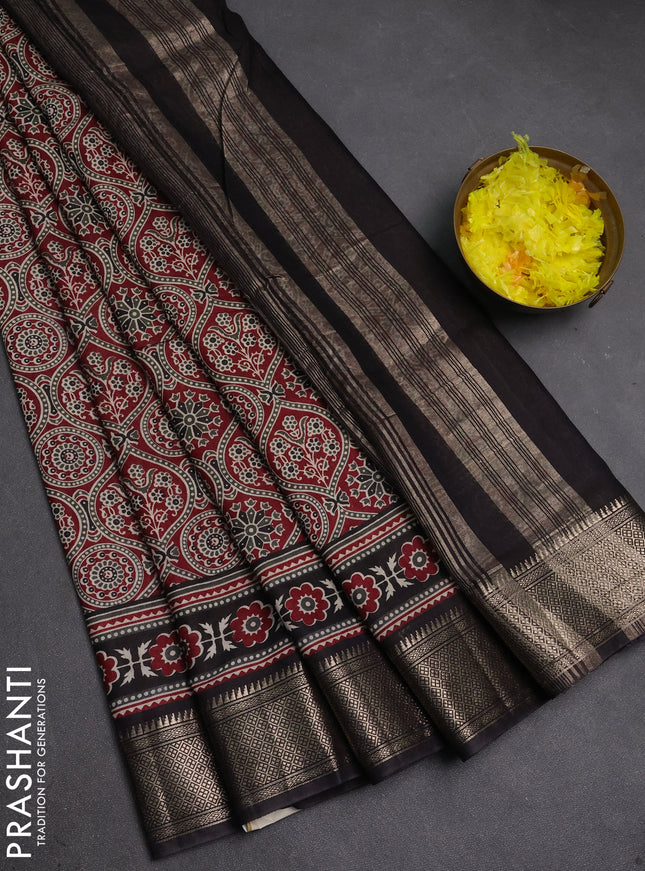 Assam silk saree maroon and black with allover ajrakh prints and zari woven border