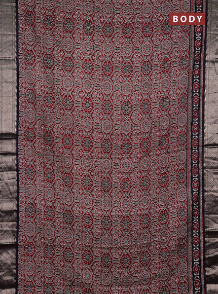 Assam silk saree maroon and black with allover ajrakh prints and zari woven border