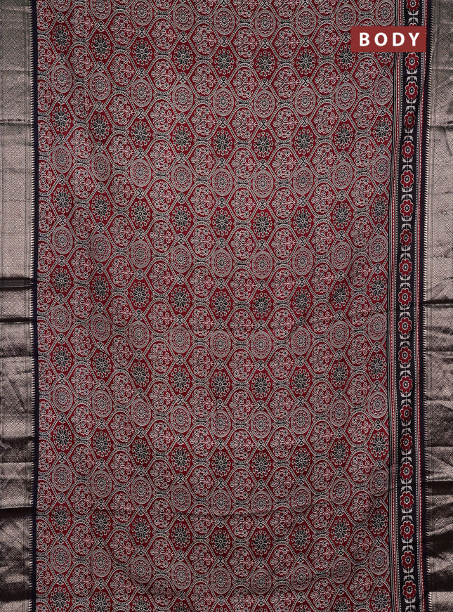 Assam silk saree maroon and black with allover ajrakh prints and zari woven border