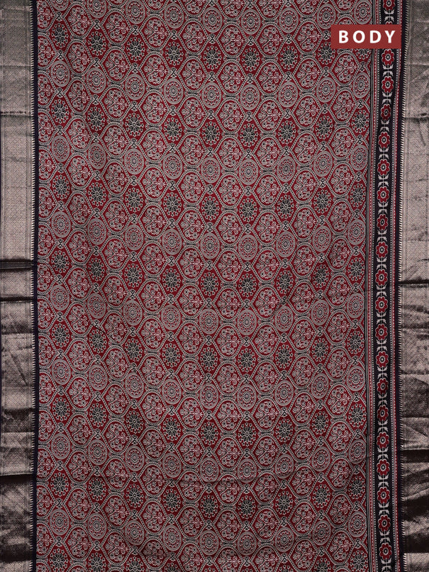 Assam silk saree maroon and black with allover ajrakh prints and zari woven border