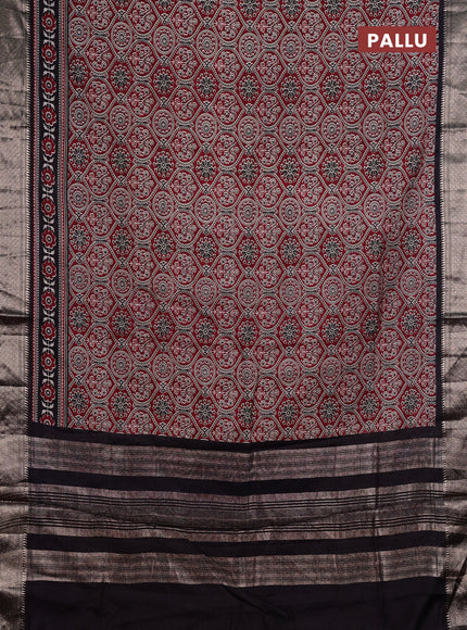 Assam silk saree maroon and black with allover ajrakh prints and zari woven border