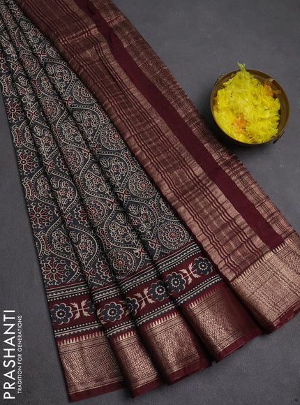 Assam silk saree grey and wine with allover ajrakh prints and zari woven border