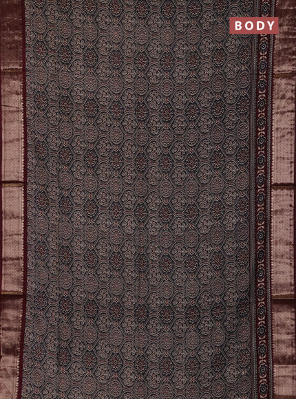 Assam silk saree grey and wine with allover ajrakh prints and zari woven border